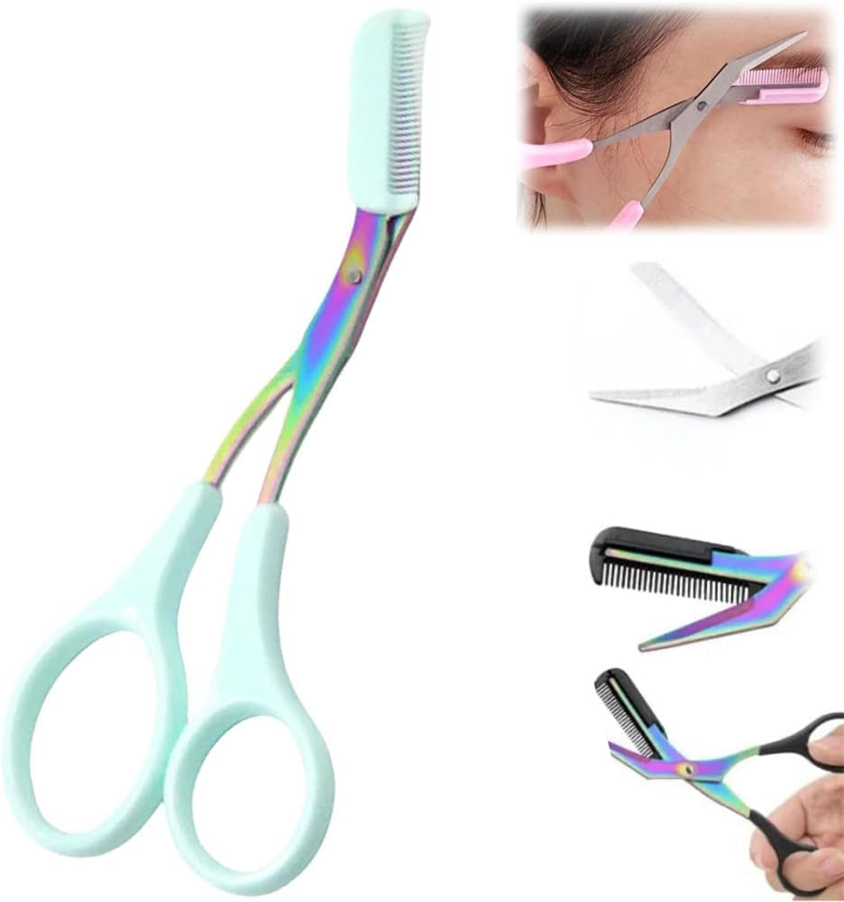 Eyebrow Trimmer Scissor, 2024 New Stainless Steel Eyebrow Scissors with Comb, Non-Slip Facial Hair Removal Trimmer, Portable Professional Eyebrow Trimming Scissors for Men Women, Mint Green